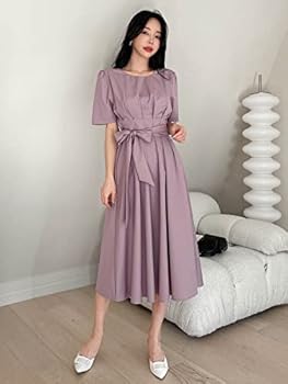 DAZY Solid Puff Sleeve Belted Dress, M1413014, Dusty Pink, S